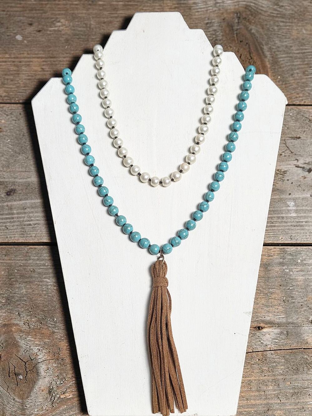 Statement Pearls & Turquoise Beads Wrap Necklace With Suede Feel Fringe Tassel